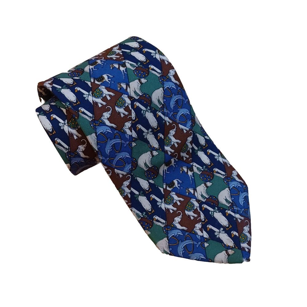 Brooks Brothers Goose/ Elephant Circus Theme Silk Necktie Green 57" x 3.75"